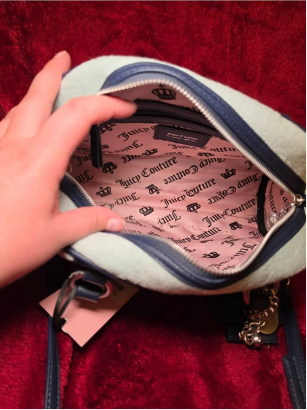 Juicy Couture Bowler Bag with Card Holder and Bag Charm Light Blue Navy Blue